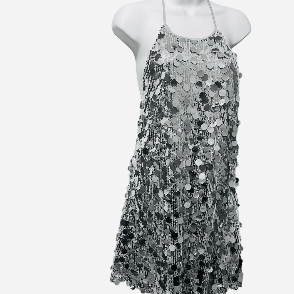 Know One Cares Silver Sequin Halter Cocktail Social Halter Mini Dress Large NWT - Picture 5 of 11